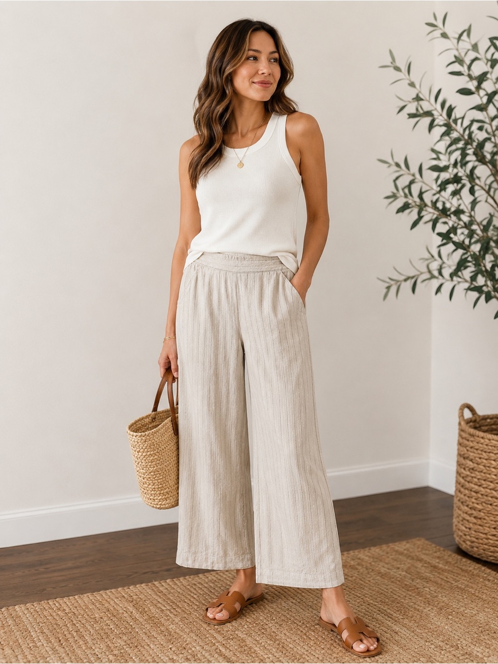 Max Studio London Linen Blend Pinstripe Wide Leg Crop Pants XS Neutral